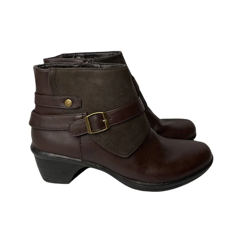 NEW Womens Easy Street Amanda Buckle Faux Brown Leather Ankle Boots Booties Sz 7 - Picture 1 of 10